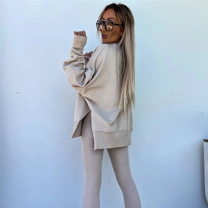 Solid Color Round Neck Slit Sweatshirt And Skinny Pants Set