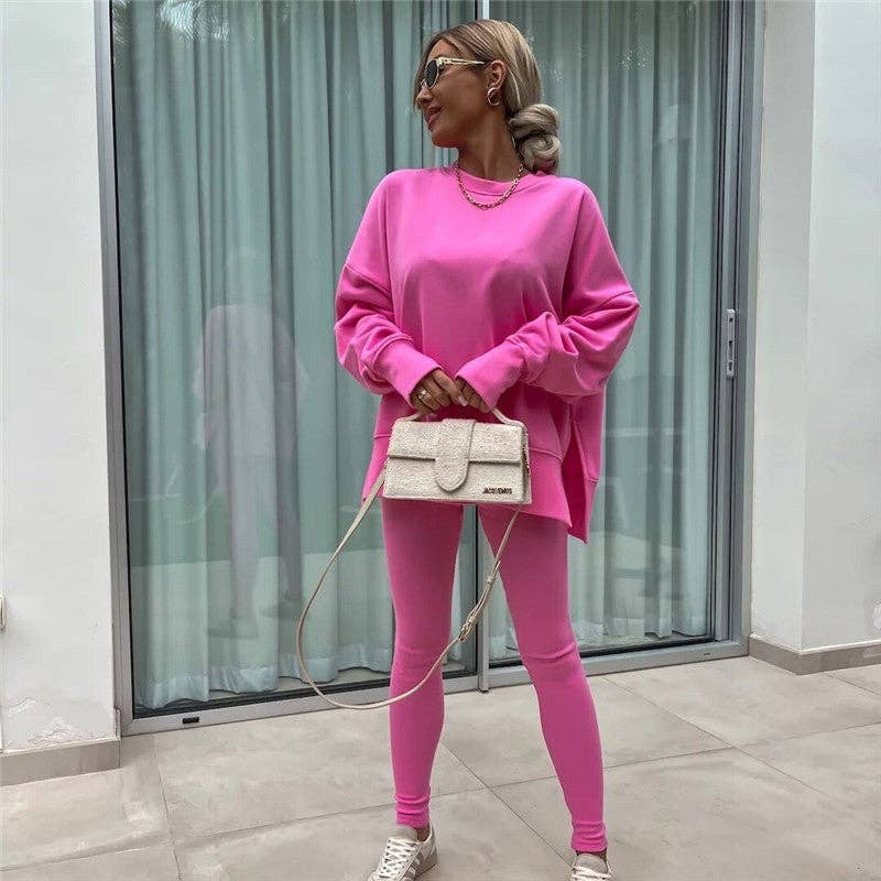 Solid Color Round Neck Slit Sweatshirt And Skinny Pants Set