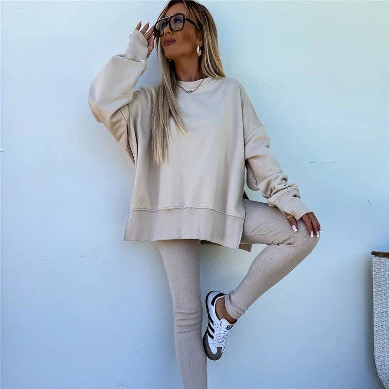 Solid Color Round Neck Slit Sweatshirt And Skinny Pants Set