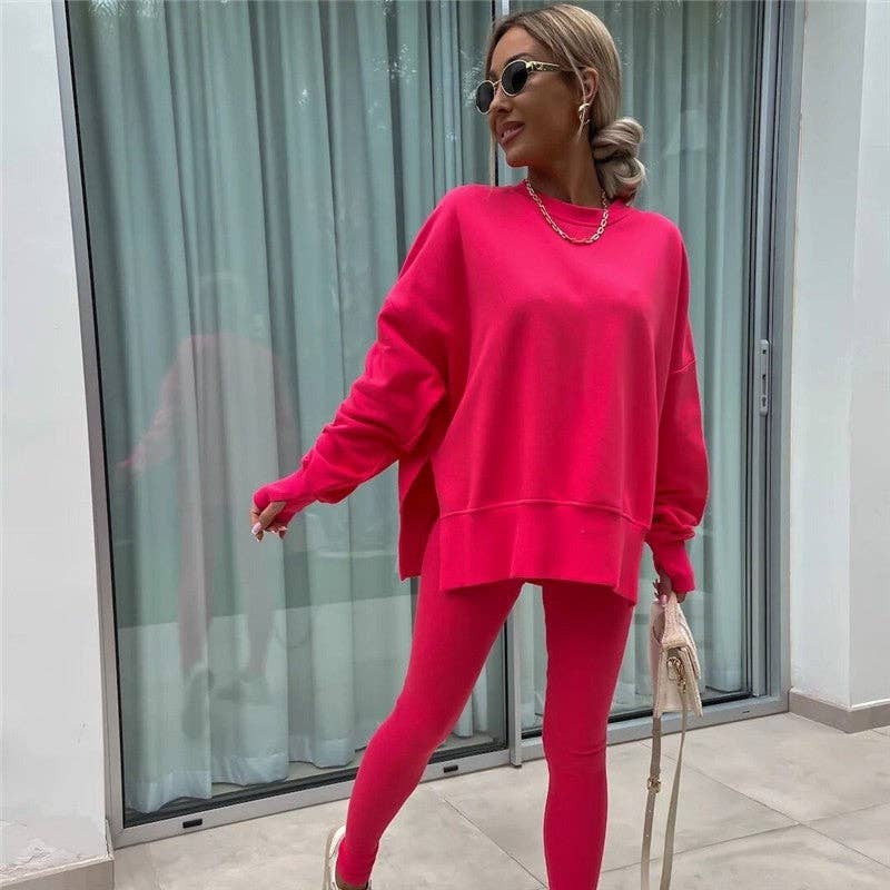 Solid Color Round Neck Slit Sweatshirt And Skinny Pants Set