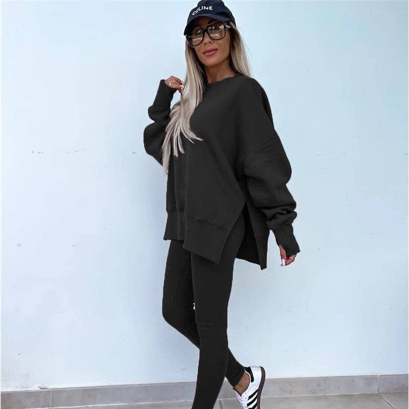 Solid Color Round Neck Slit Sweatshirt And Skinny Pants Set