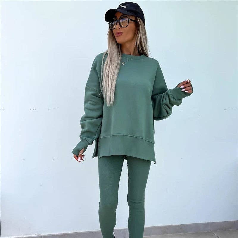 Solid Color Round Neck Slit Sweatshirt And Skinny Pants Set