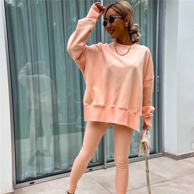 Solid Color Round Neck Slit Sweatshirt And Skinny Pants Set