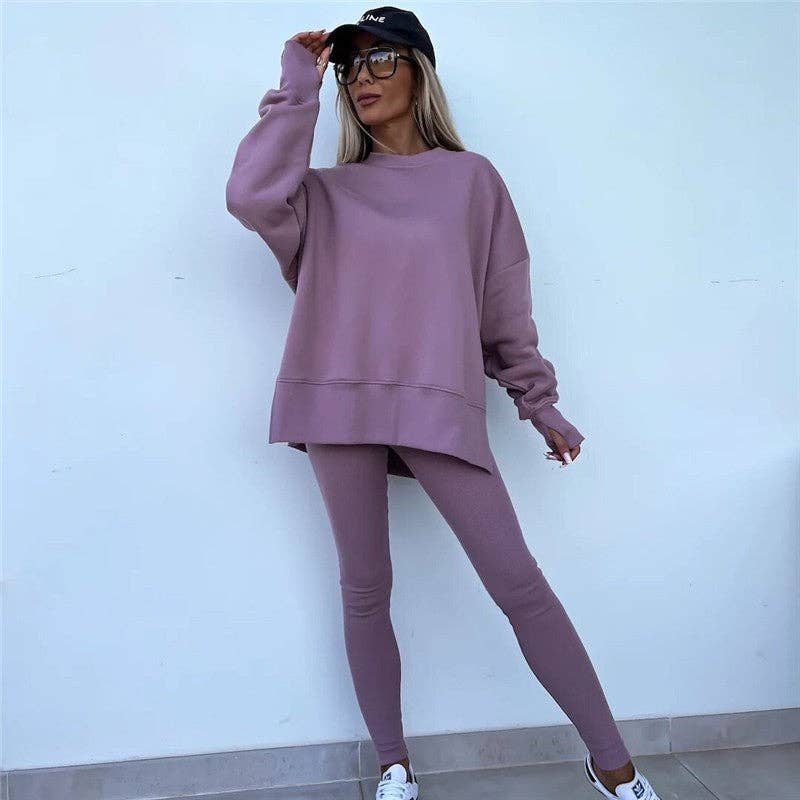 Solid Color Round Neck Slit Sweatshirt And Skinny Pants Set