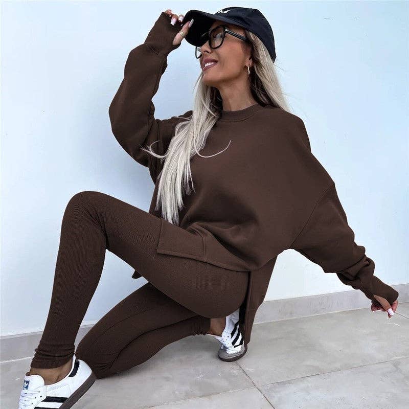 Solid Color Round Neck Slit Sweatshirt And Skinny Pants Set